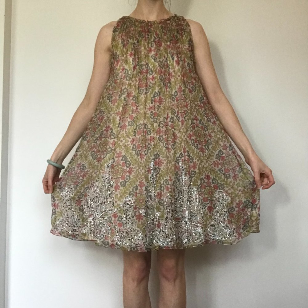 Rina Dhaka Sheer Mini Sleeveless Beaded Swing/Trapeze Dress